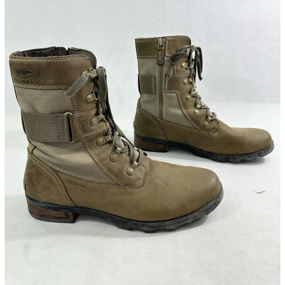 Sorel Emelie Conquest Combat Waterproof Brown Army Green Boots Womens 11 Read - Picture 1 of 7